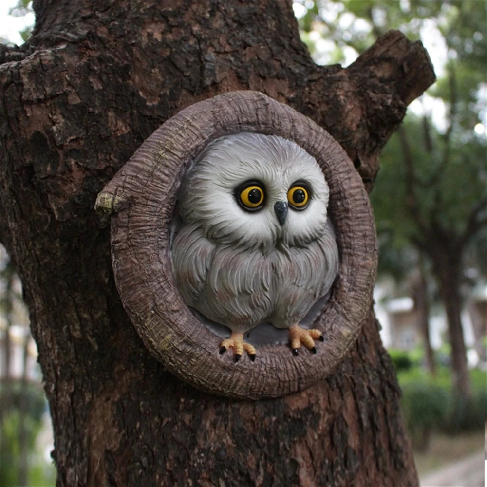 Baby Owl Resin Tree Face Owl Tree Hugger Outdoor Sculpture for Tree Decorations Garden Ornament Tree Statue Peeker