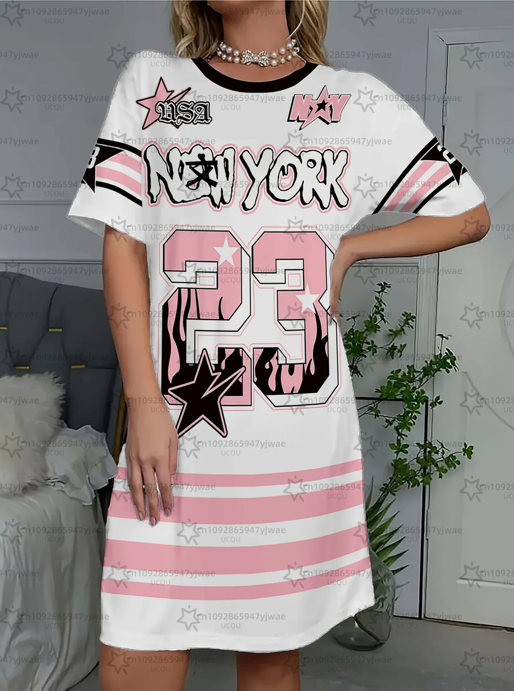 2026 Summer Women T-Shirt Dress Loose Casual No.23 New York Printed O-Neck Lady Short Sleeve Pullover Dresses Women Clothing