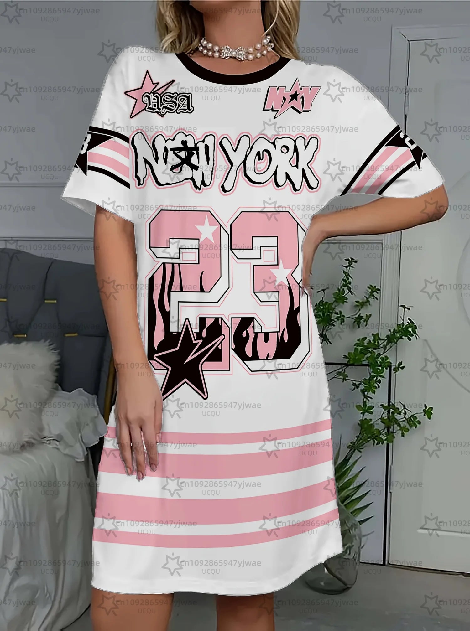2026 Summer Women T-Shirt Dress Loose Casual No.23 New York Printed O-Neck Lady Short Sleeve Pullover Dresses Women Clothing