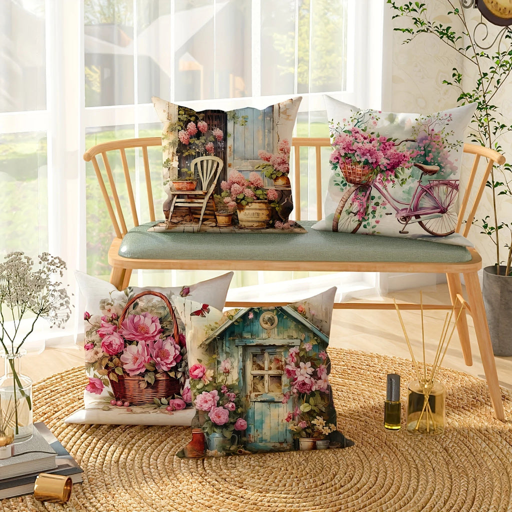 Vibrant Floral Bicycle Design Satin Fabric Throw Pillow Covers Farmhouse Decor for Living Room 45x45Cm Party Gift Cushion Cover