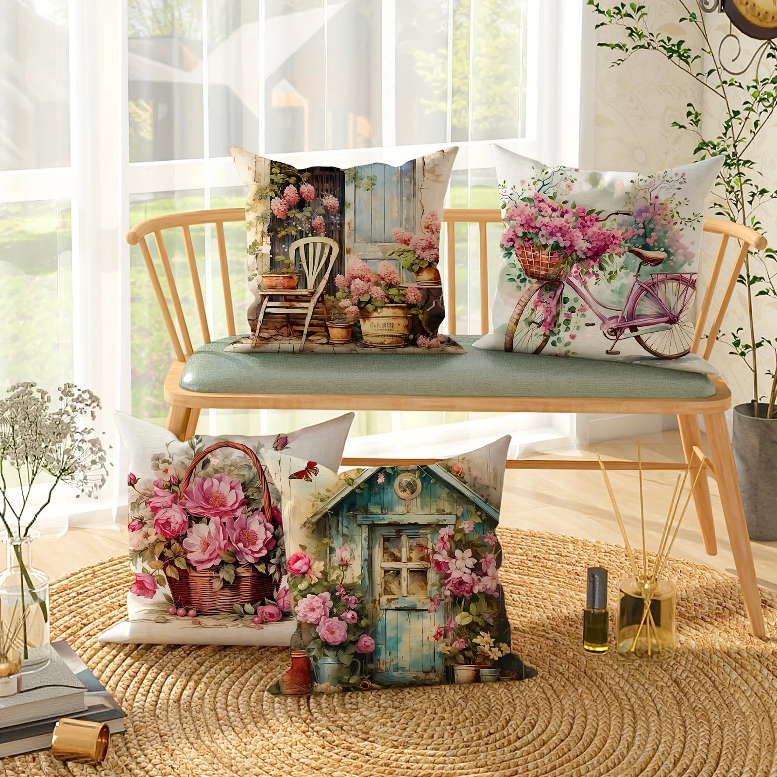 Vibrant Floral Bicycle Design Satin Fabric Throw Pillow Covers Farmhouse Decor for Living Room 45x45Cm Party Gift Cushion Cover