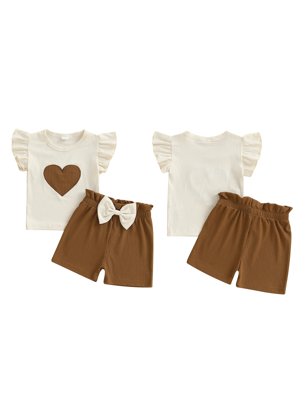 Ribbed Heart Embroidery Fly Sleeves T-Shirt and Elastic Bow Shorts Set