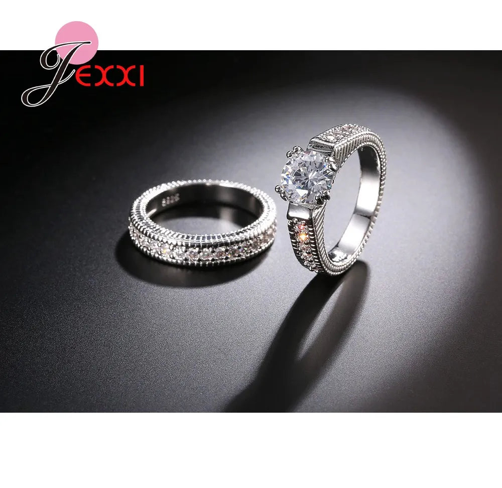 New Arrivals Women Wedding Rings Set 2 PCS Pure 925 Sterling Silver  Engagement Rings Filled Sparkling Crystals Zircons