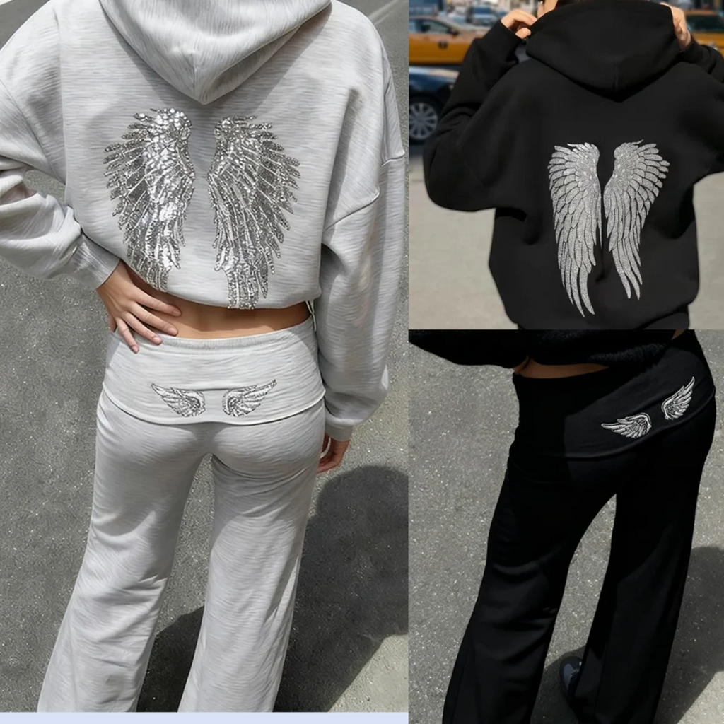 Retro Shiny Wings Print Long Sleeve Zip Casual Sweatshirt Fall Winter Women's Hoodie Pants Set of 2 Solid Color Streetwear