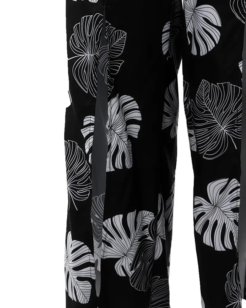 Cut-out Tank Top & Tropical Print Split Wide Leg Pants Set