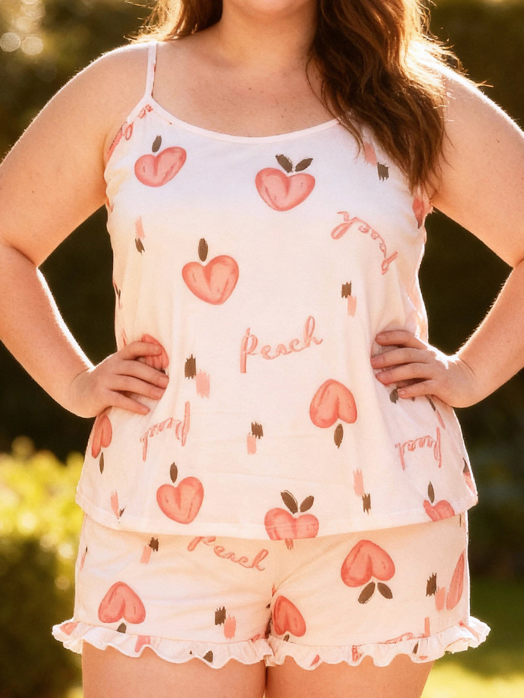 Plus Size Women's Spring Summer Loungewear Set Sweet Girly Peach Print Cami Top with Shorts Soft Pajamas Sleepwear