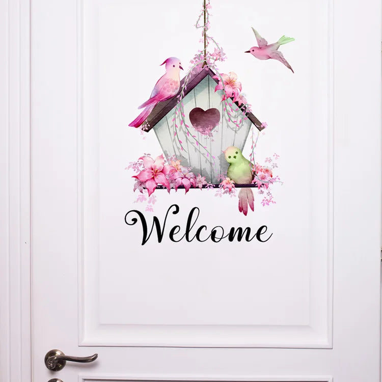 Lovely Bird House Welcome Wall Sticker Living Room Porch Background Decoration Mural For Door Decor Self-adhesive Home Wallpaper
