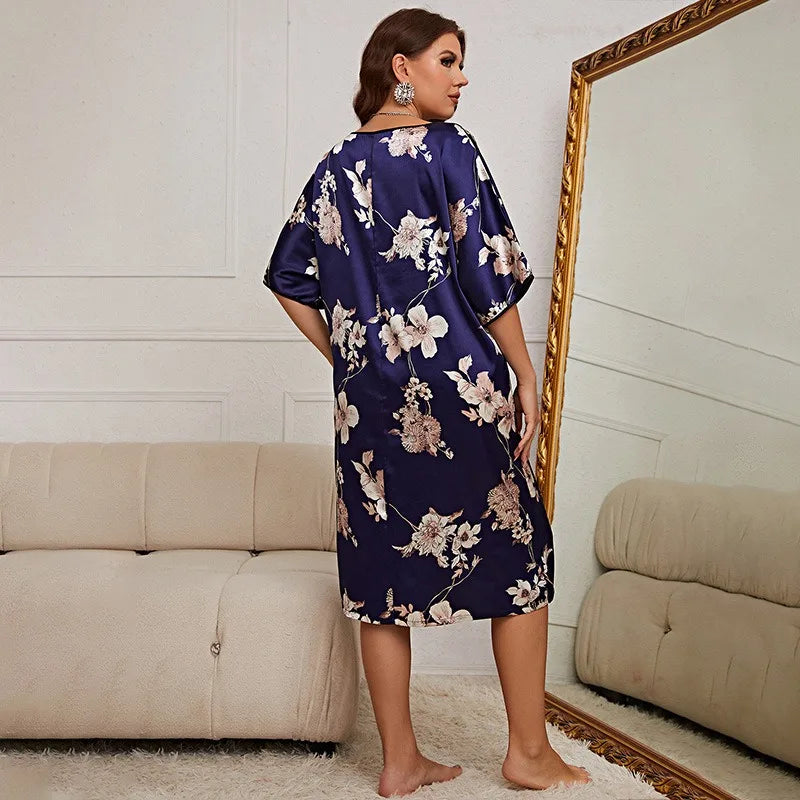 Plus Size Printed Home Wear New Summer Nightgown for Women Silk Nightdress Summer Pajamas