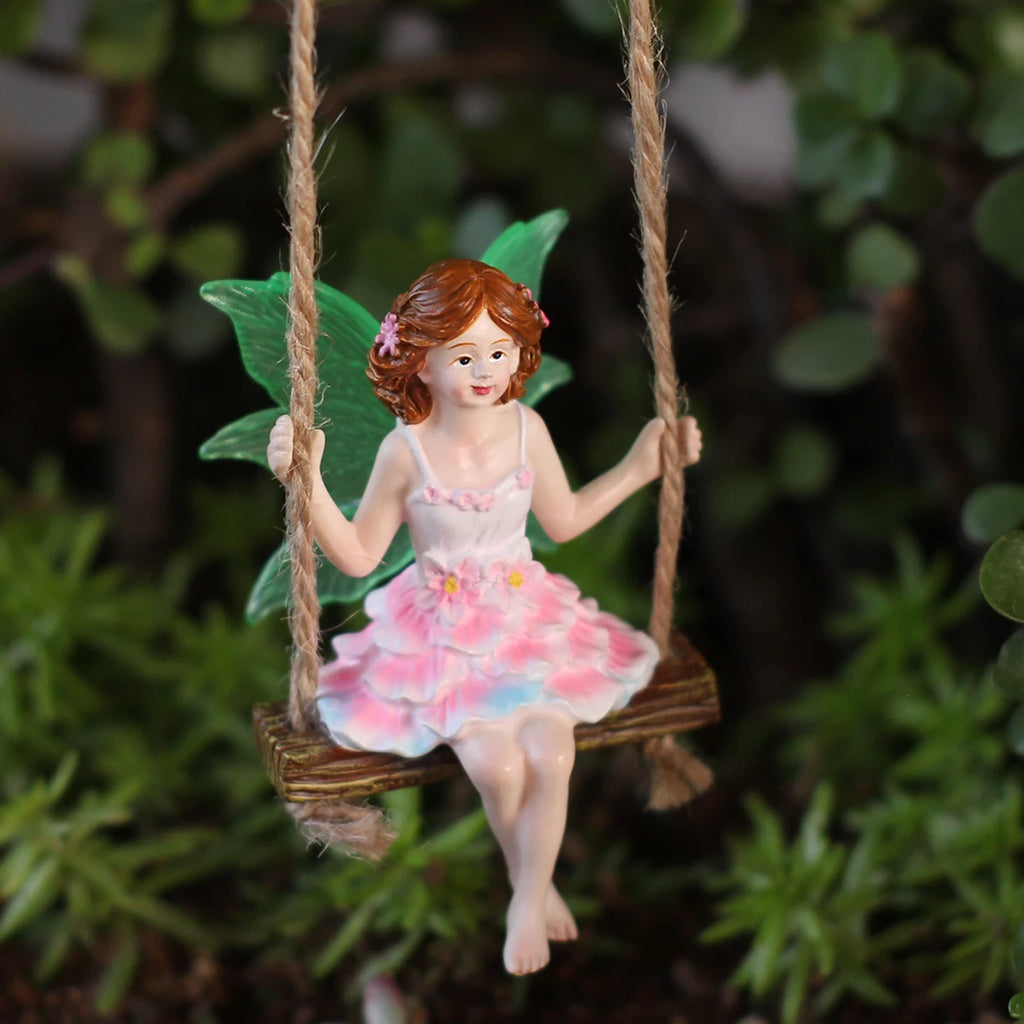 1 pink dress fairy swinging, creative fluorescent wing girl, garden decoration pendant, family gift