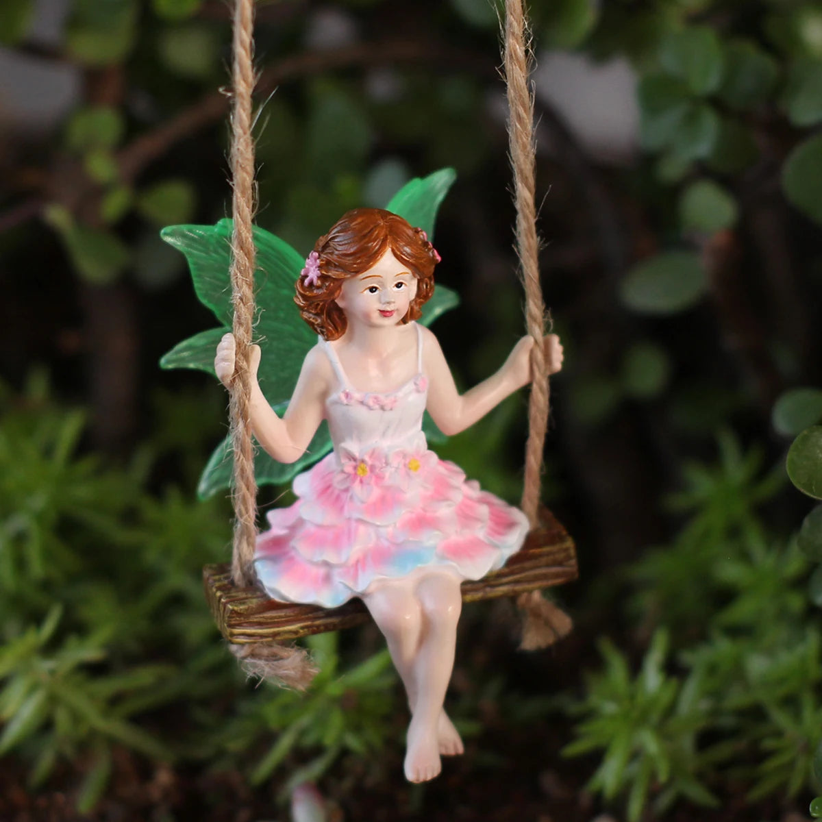1 pink dress fairy swinging, creative fluorescent wing girl, garden decoration pendant, family gift