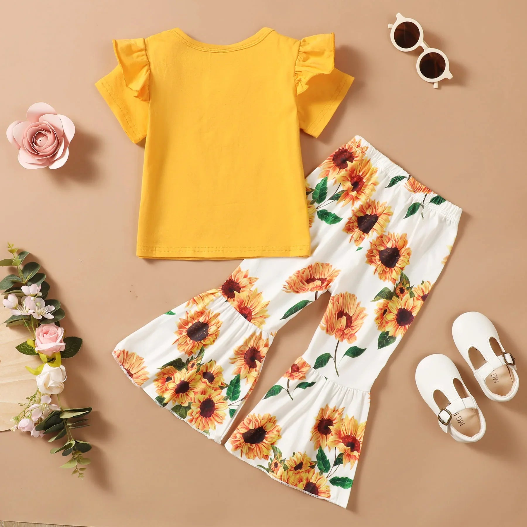 Short Sleeve Top+Sunflower Flare Pants 2PCS