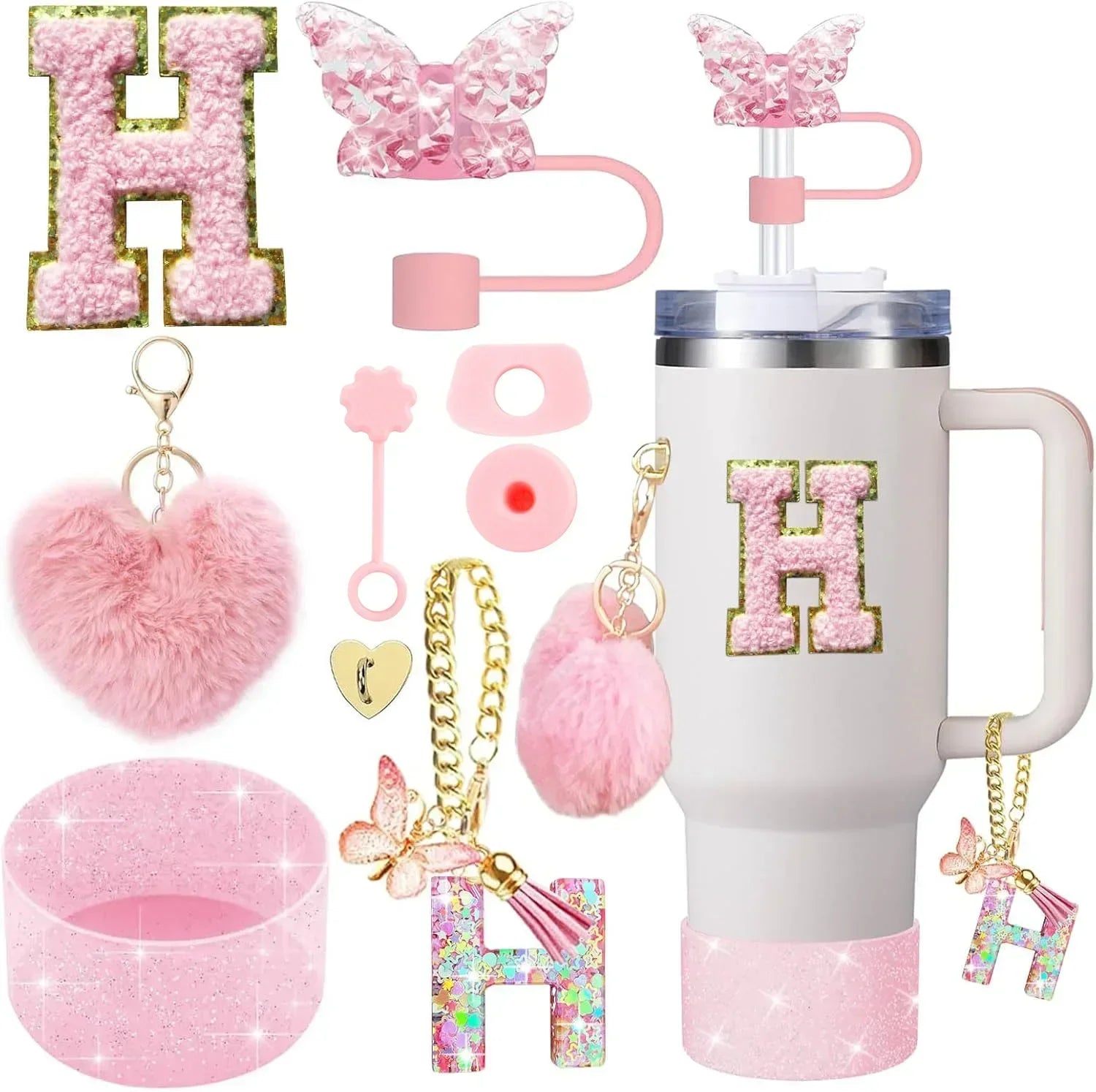 9PCS Accessory Set for Stanley Cup 30oz 40oz Butterfly Straw Cover Cap Silicone Boot Charm Initials Sticker Spill Proof Stopper
