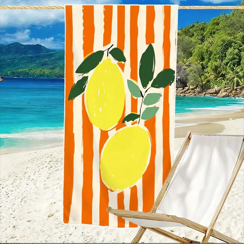 1Pc, Lemon Print Beach Towel, Extra Large Size, Quick-Drying Polyester Fiber Material, Sand-Resistant Design, Suitable for Beach, Pool, and Travel Use, Summer Gift, Tropical Style.