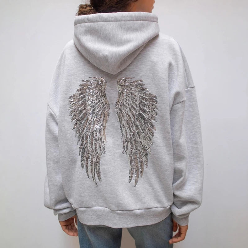 Retro Shiny Wings Print Long Sleeve Zip Casual Sweatshirt Fall Winter Women's Hoodie Pants Set of 2 Solid Color Streetwear