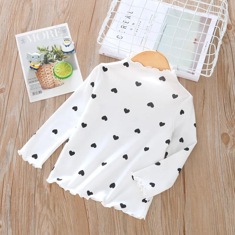 Girls Clothes Long-sleeved T-shirts with High Collars for Babies, Spring and Autumn Children's Tops with Ruffles Simple Love