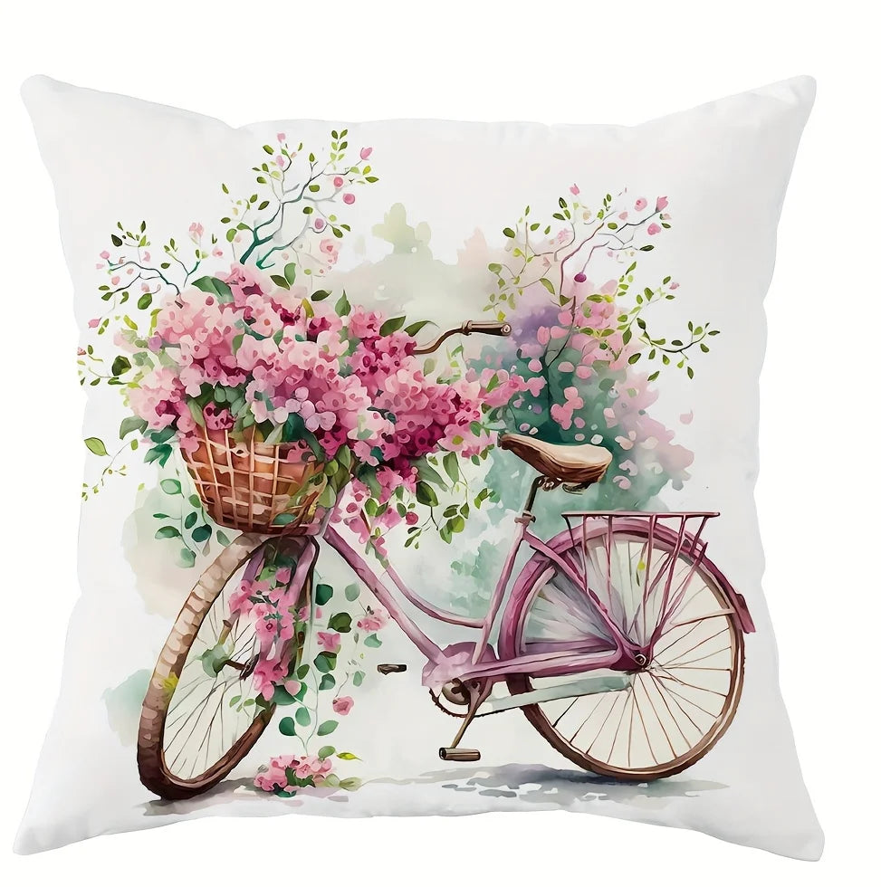 Vibrant Floral Bicycle Design Satin Fabric Throw Pillow Covers Farmhouse Decor for Living Room 45x45Cm Party Gift Cushion Cover