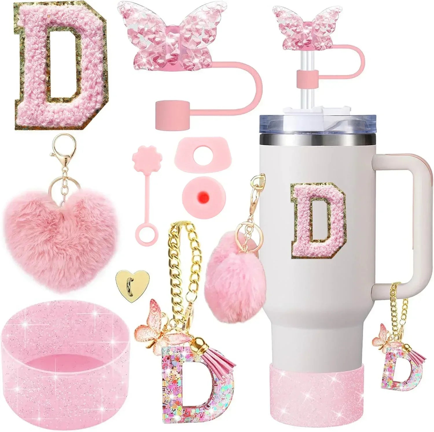 9PCS Accessory Set for Stanley Cup 30oz 40oz Butterfly Straw Cover Cap Silicone Boot Charm Initials Sticker Spill Proof Stopper