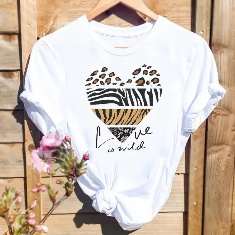 Women Leopard Love Heart Print Tee