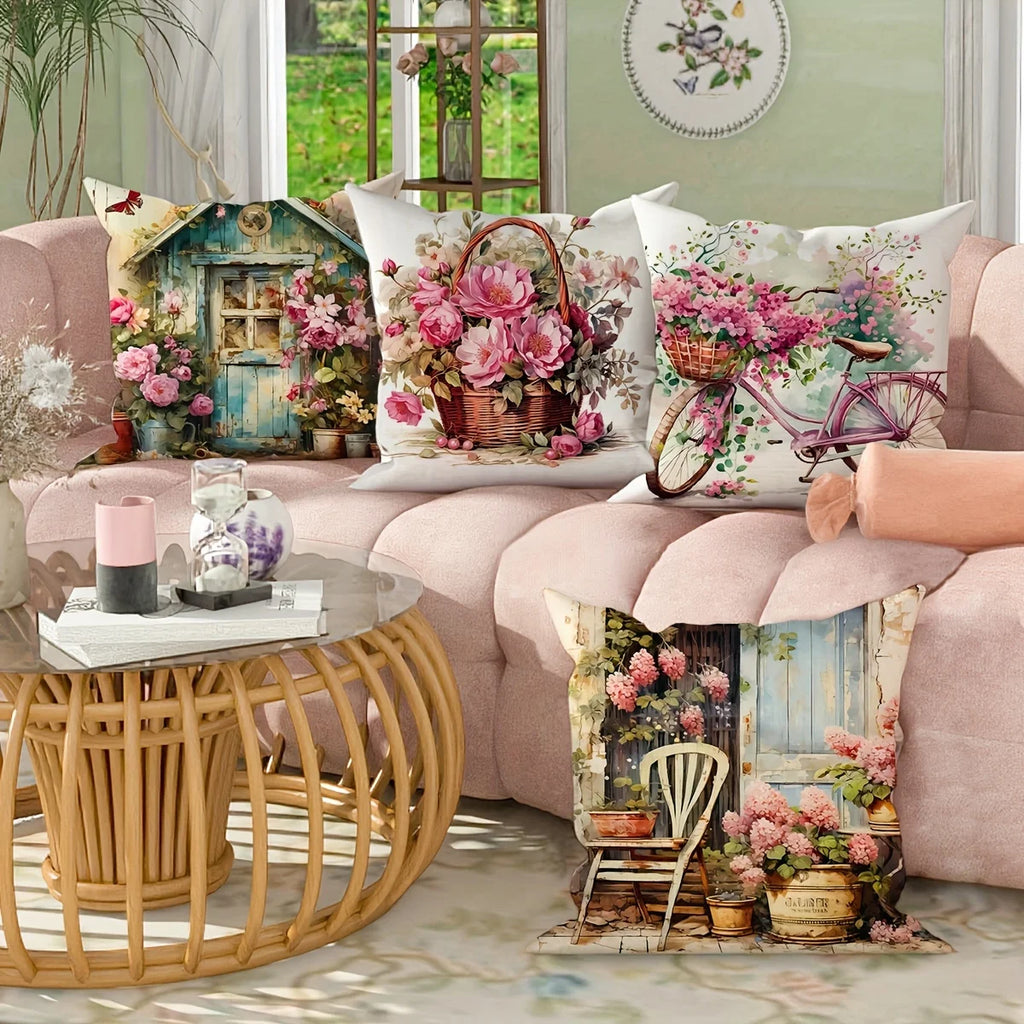 Vibrant Floral Bicycle Design Satin Fabric Throw Pillow Covers Farmhouse Decor for Living Room 45x45Cm Party Gift Cushion Cover