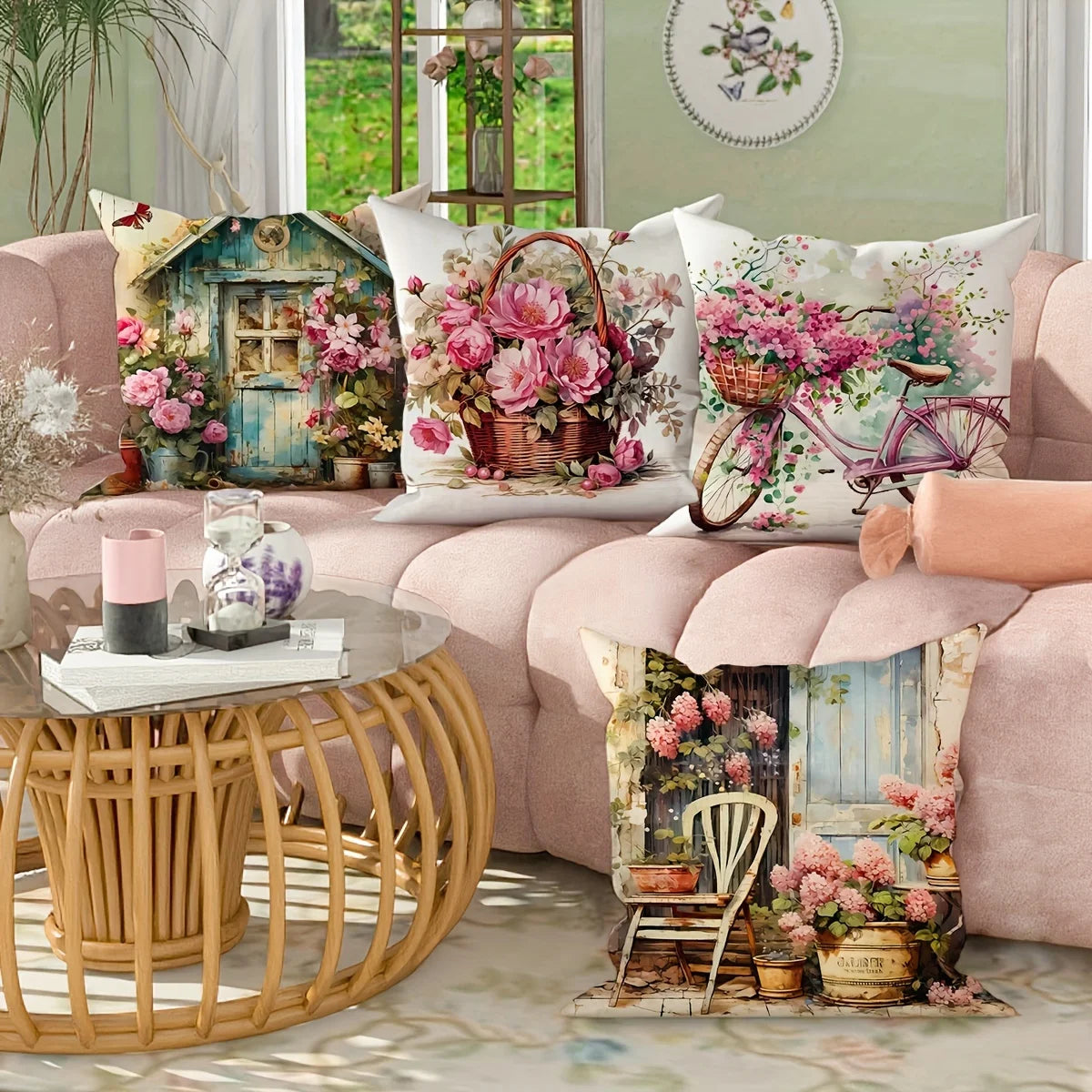 Vibrant Floral Bicycle Design Satin Fabric Throw Pillow Covers Farmhouse Decor for Living Room 45x45Cm Party Gift Cushion Cover