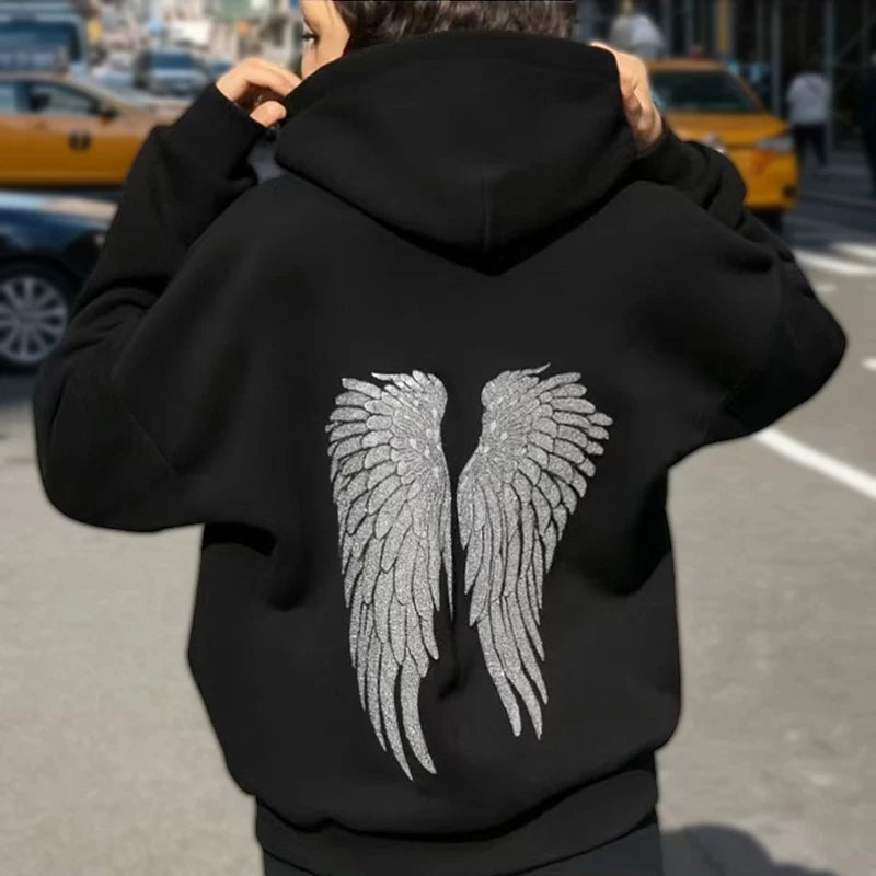 Retro Shiny Wings Print Long Sleeve Zip Casual Sweatshirt Fall Winter Women's Hoodie Pants Set of 2 Solid Color Streetwear