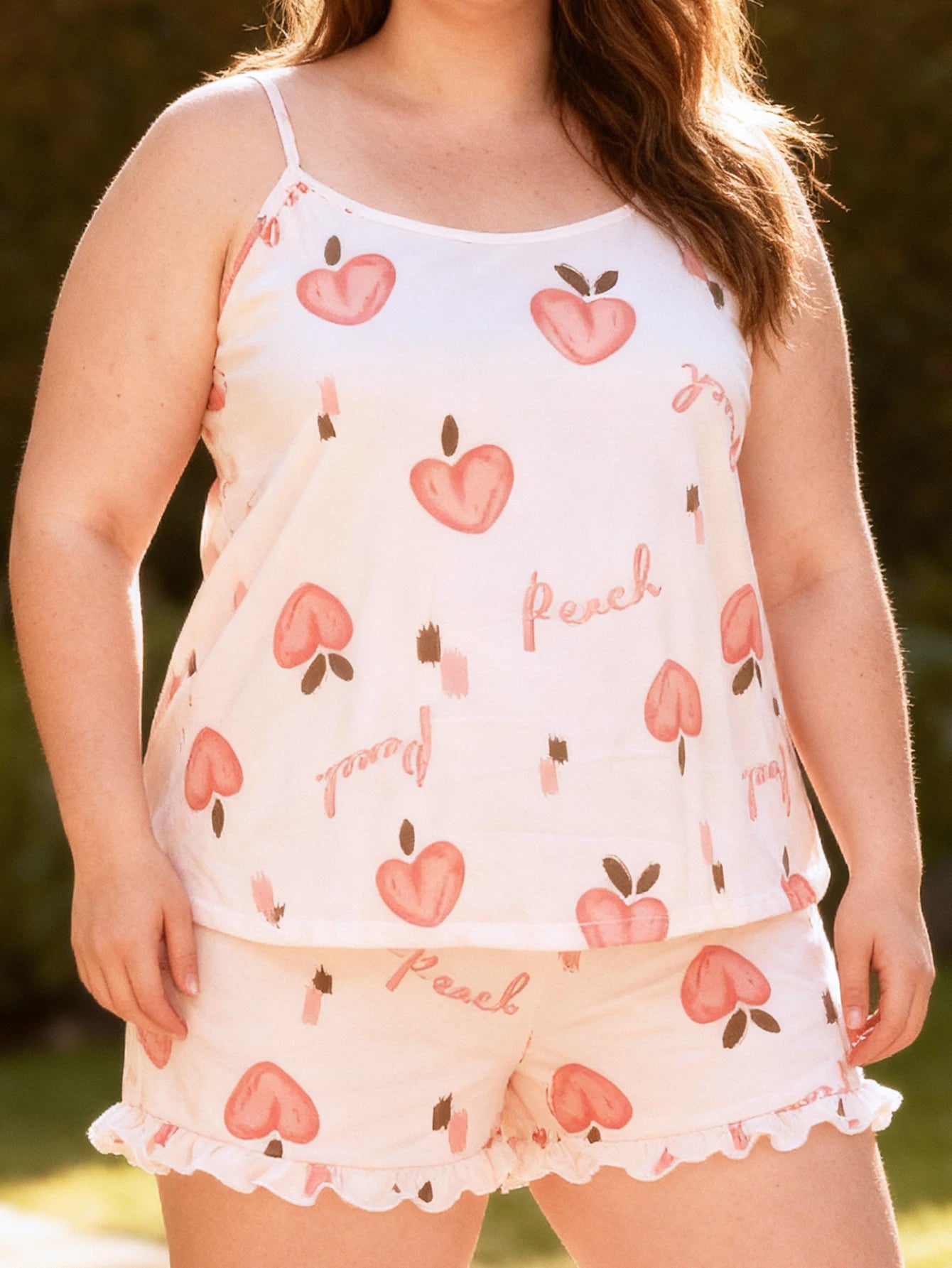Plus Size Women's Spring Summer Loungewear Set Sweet Girly Peach Print Cami Top with Shorts Soft Pajamas Sleepwear