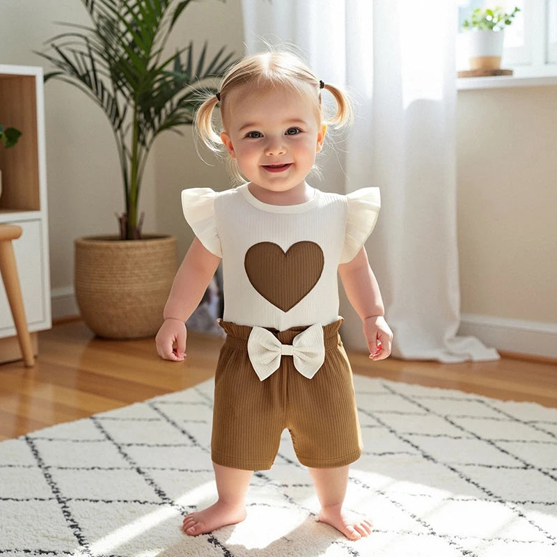 Ribbed Heart Embroidery Fly Sleeves T-Shirt and Elastic Bow Shorts Set
