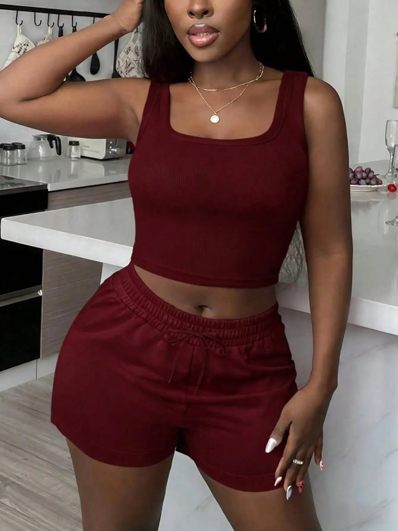 2pcs Women's Casual Gray Crop Top And Shorts Set Summer