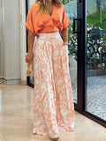 Solid Color V-neck Short Sleeved Floral Print