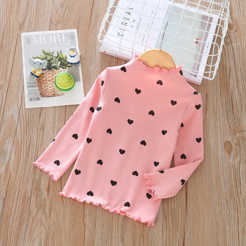Girls Clothes Long-sleeved T-shirts with High Collars for Babies, Spring and Autumn Children's Tops with Ruffles Simple Love