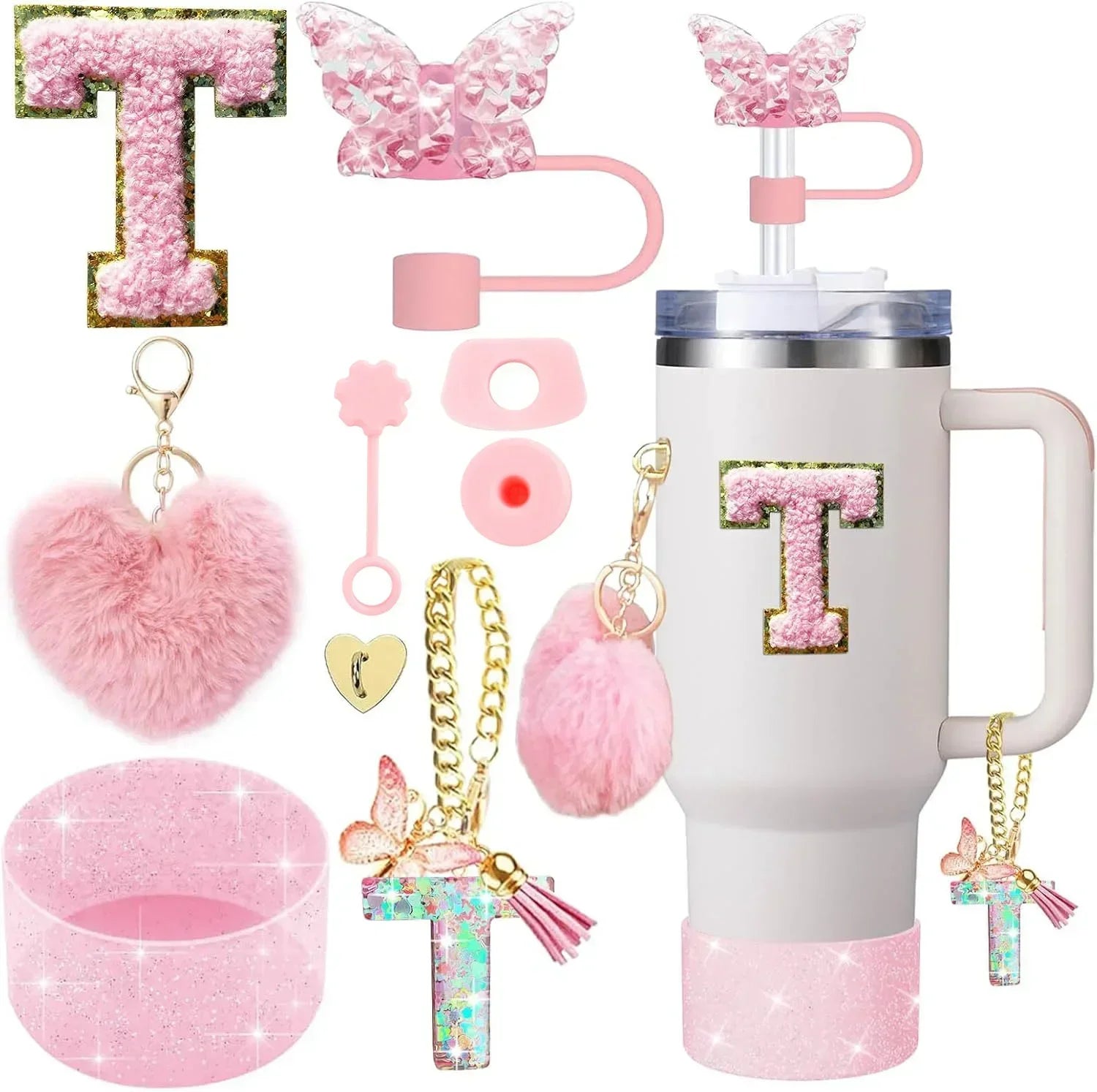 9PCS Accessory Set for Stanley Cup 30oz 40oz Butterfly Straw Cover Cap Silicone Boot Charm Initials Sticker Spill Proof Stopper
