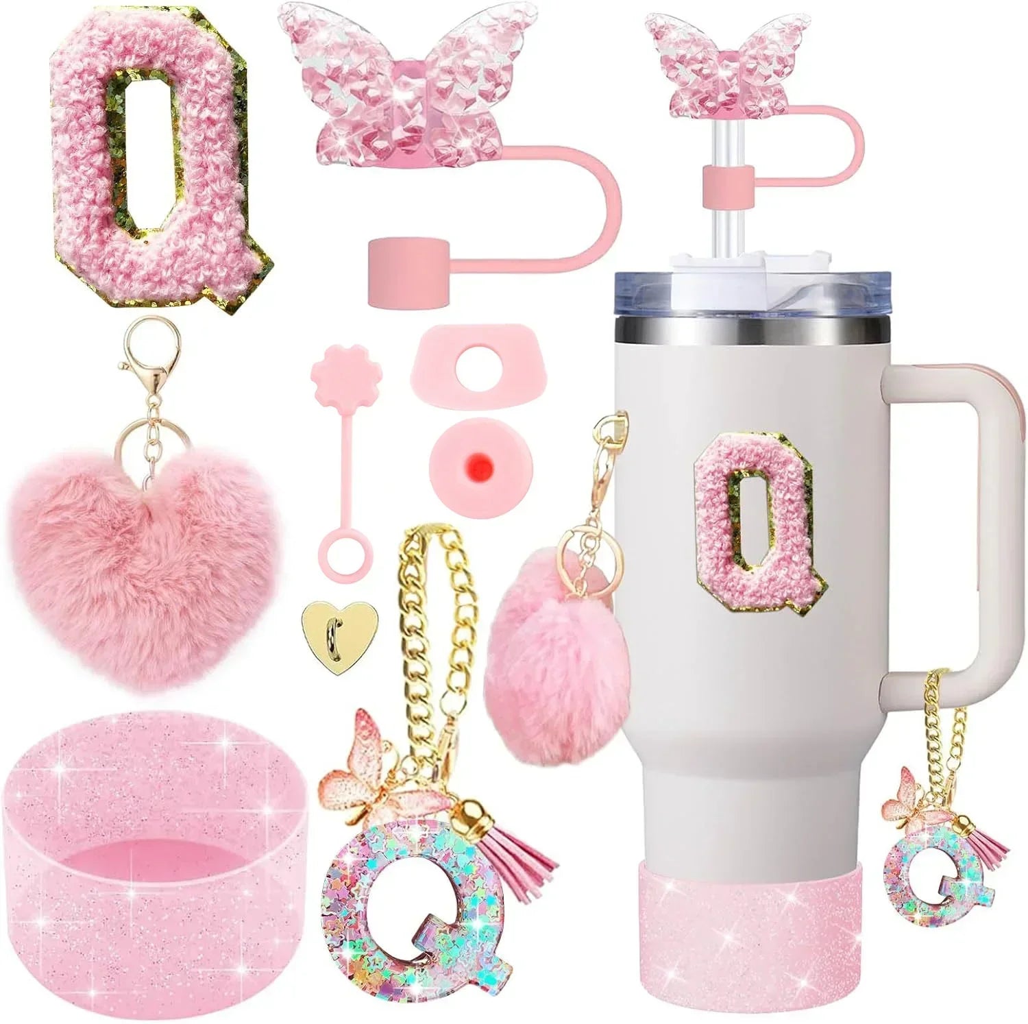 9PCS Accessory Set for Stanley Cup 30oz 40oz Butterfly Straw Cover Cap Silicone Boot Charm Initials Sticker Spill Proof Stopper