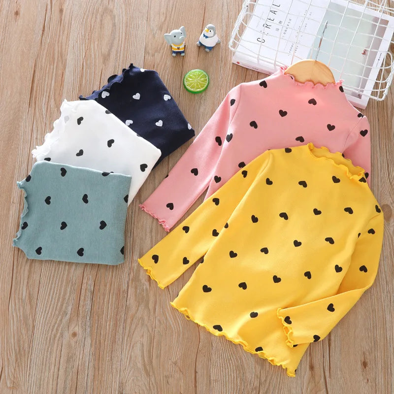 Girls Clothes Long-sleeved T-shirts with High Collars for Babies, Spring and Autumn Children's Tops with Ruffles Simple Love