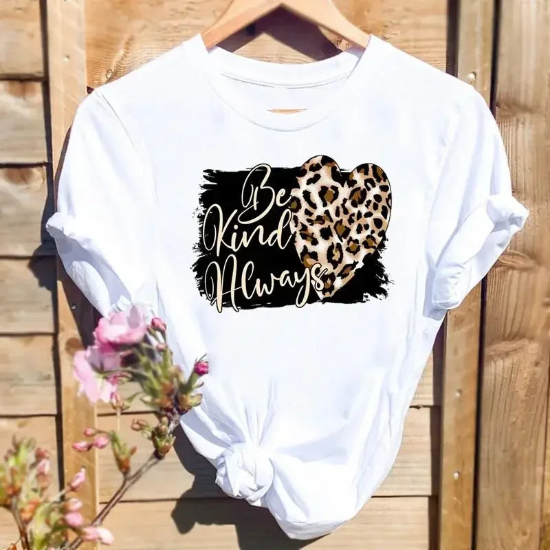Women Leopard Love Heart Print Tee