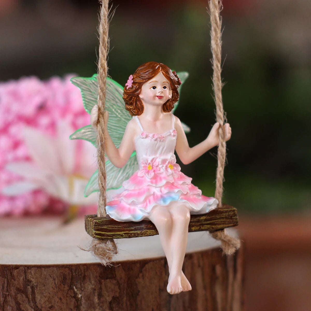 1 pink dress fairy swinging, creative fluorescent wing girl, garden decoration pendant, family gift