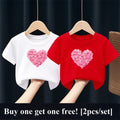 2pcs/Set Girls Fashion Summer Best Friends T Shirt Heart Flower Tees Shirt Short Sleeve Sister Matching Outfit Kids Tops