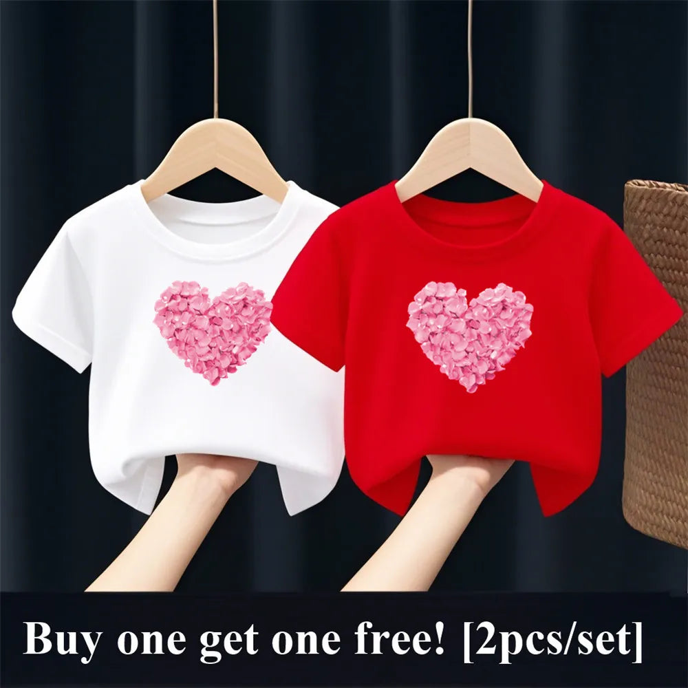 2pcs/Set Girls Fashion Summer Best Friends T Shirt Heart Flower Tees Shirt Short Sleeve Sister Matching Outfit Kids Tops