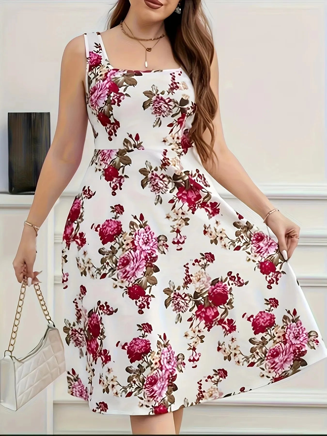 Plus Size Floral Print Square Neck Sleeveless Dress