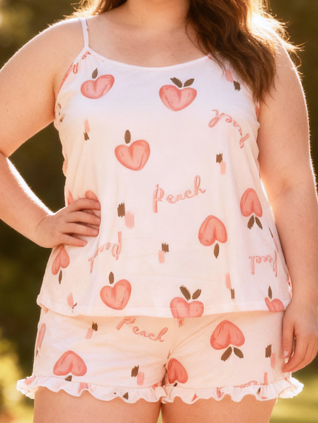Plus Size Women's Spring Summer Loungewear Set Sweet Girly Peach Print Cami Top with Shorts Soft Pajamas Sleepwear