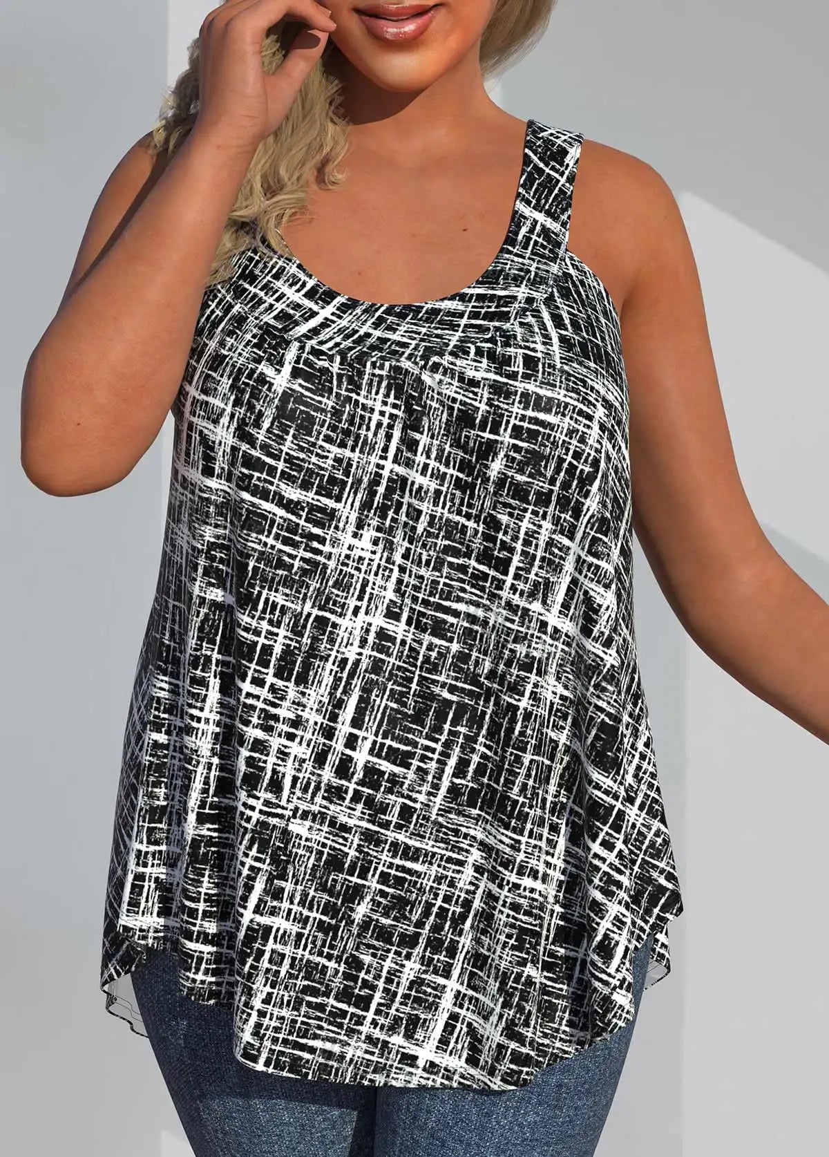 Plus Size All Over Print Round Neck Casual Tank Top