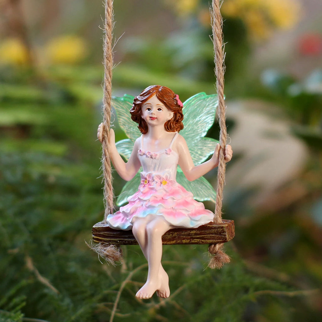 1 pink dress fairy swinging, creative fluorescent wing girl, garden decoration pendant, family gift