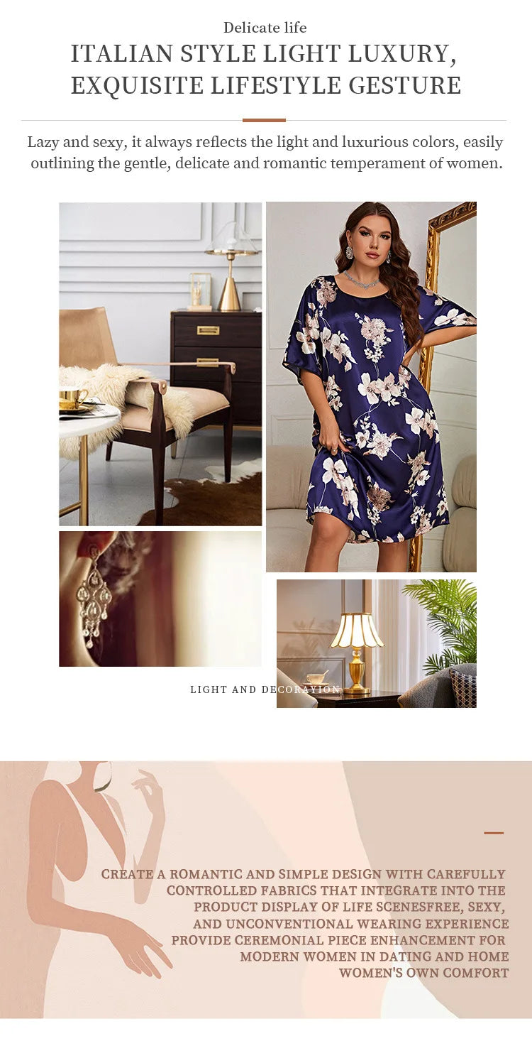 Plus Size Printed Home Wear New Summer Nightgown for Women Silk Nightdress Summer Pajamas