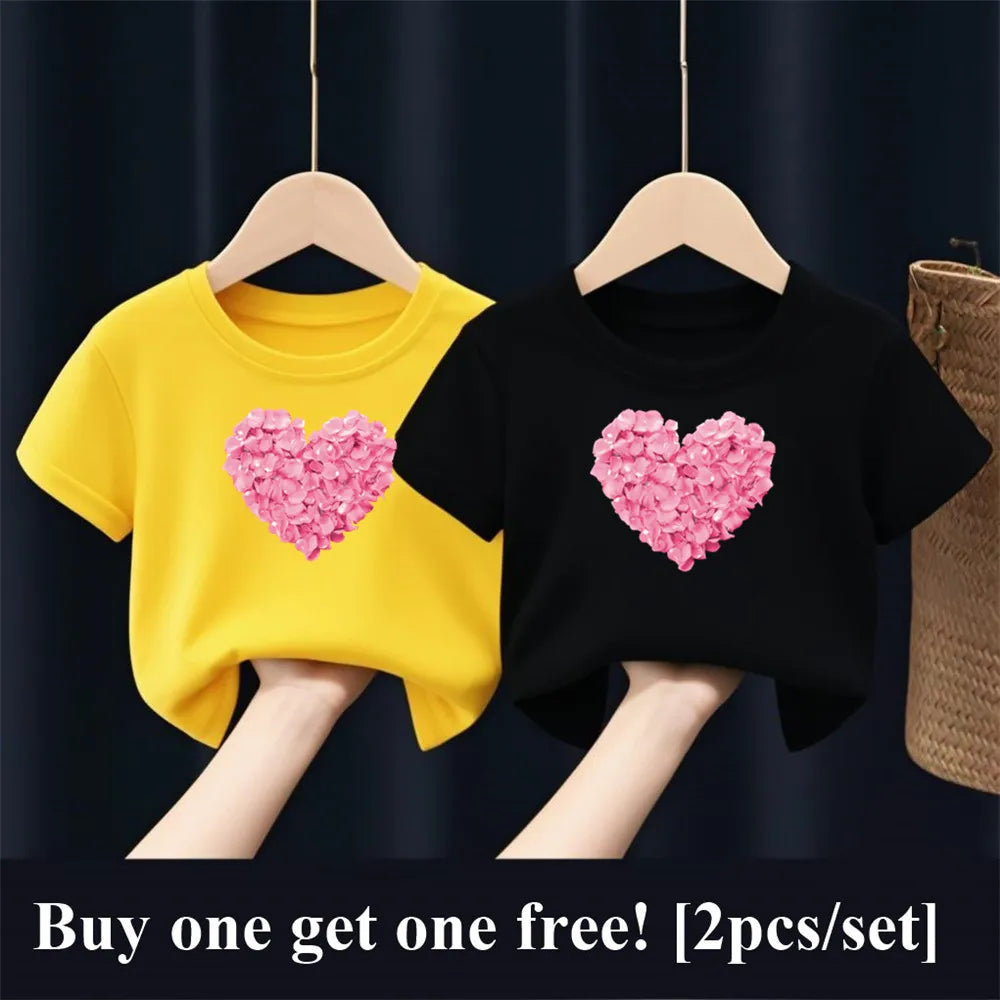 2pcs/Set Girls Fashion Summer Best Friends T Shirt Heart Flower Tees Shirt Short Sleeve Sister Matching Outfit Kids Tops