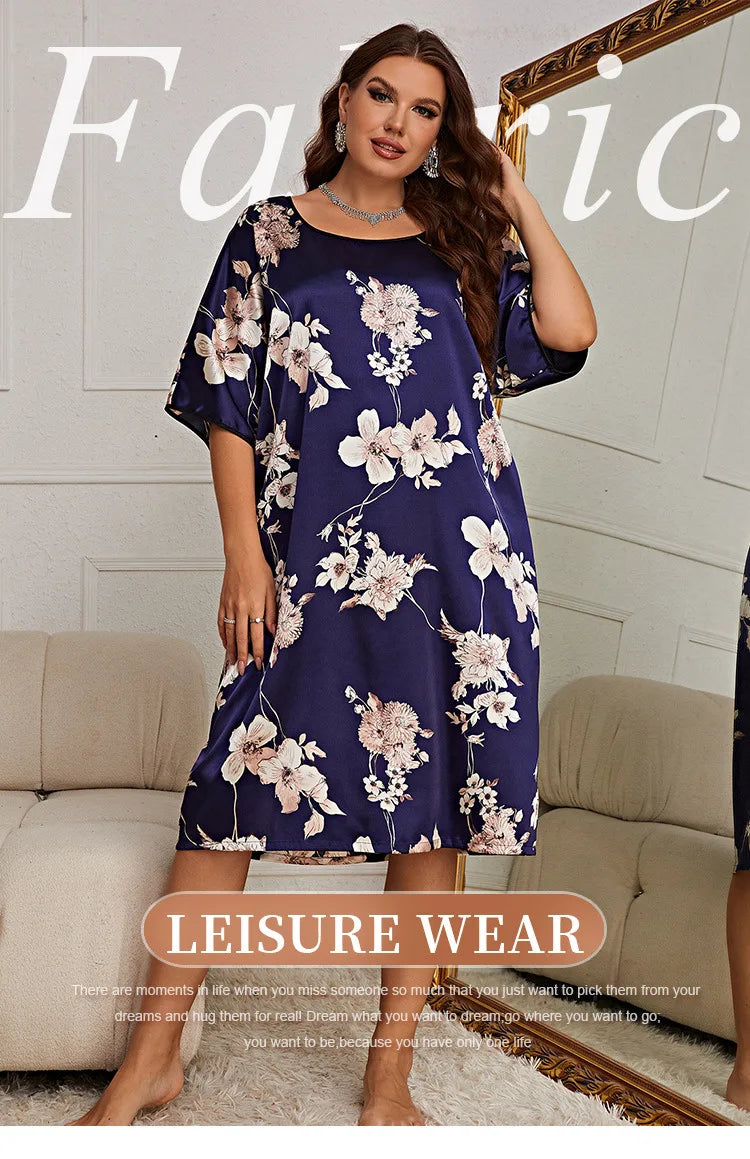 Plus Size Printed Home Wear New Summer Nightgown for Women Silk Nightdress Summer Pajamas