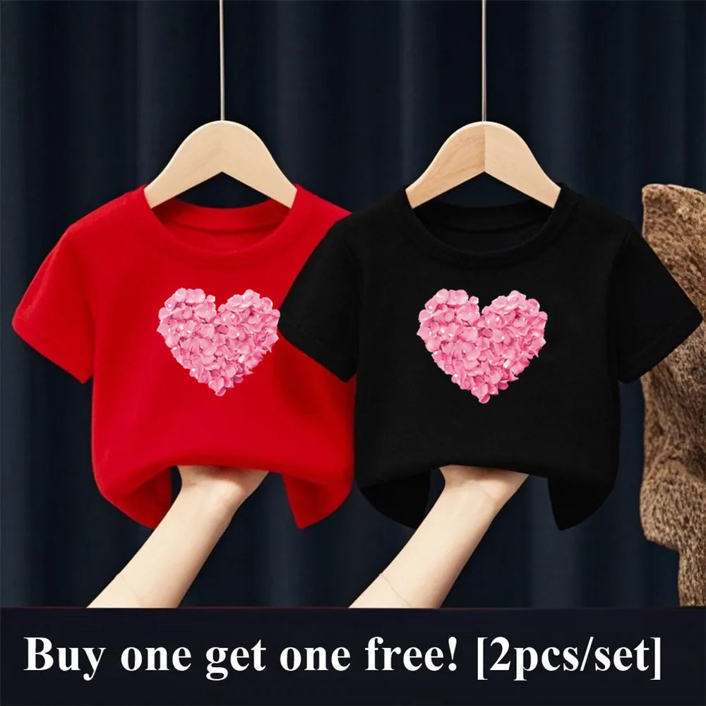 2pcs/Set Girls Fashion Summer Best Friends T Shirt Heart Flower Tees Shirt Short Sleeve Sister Matching Outfit Kids Tops