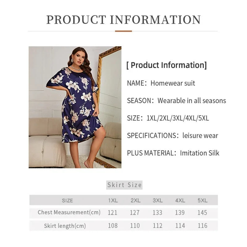 Plus Size Printed Home Wear New Summer Nightgown for Women Silk Nightdress Summer Pajamas