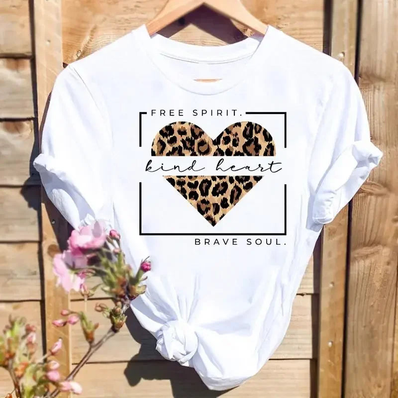 Women Leopard Love Heart Print Tee
