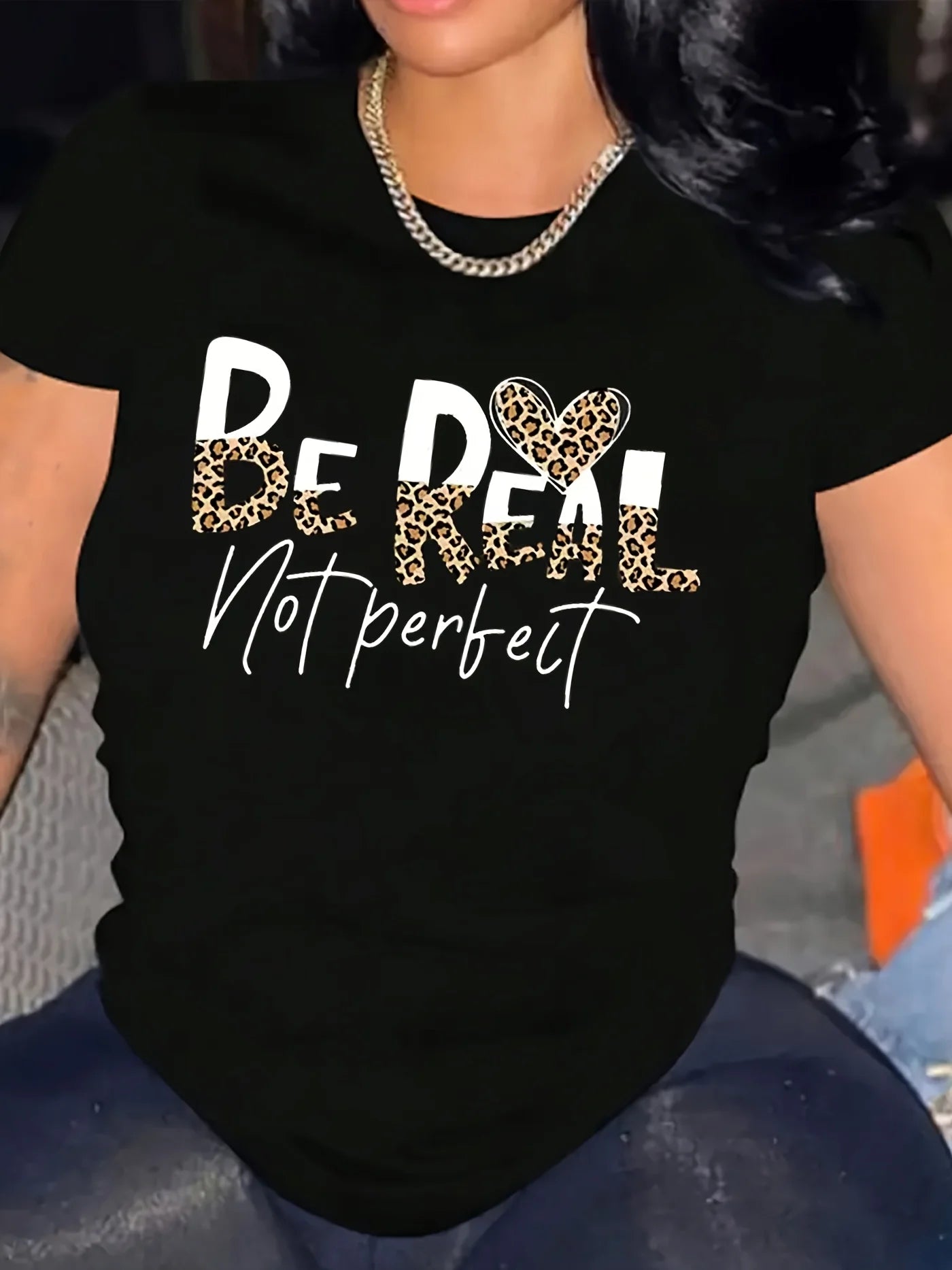 Be Real Not Perfect Women's Tee - Leopard Heart Graphic Black Top