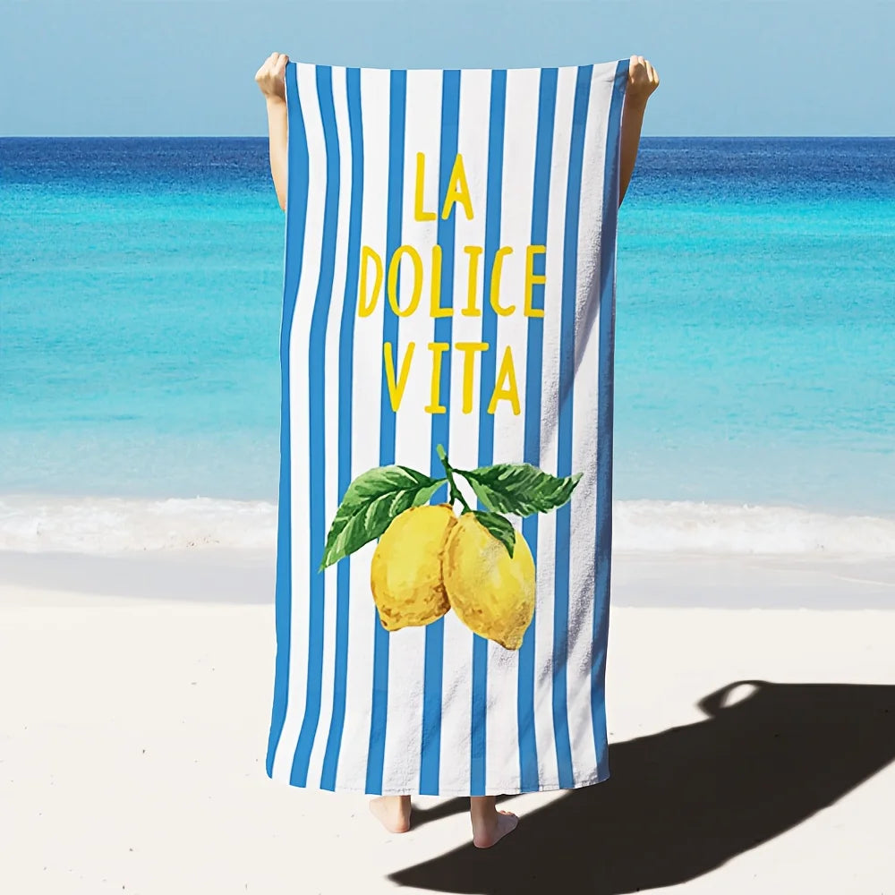 1pc Jumbo Extra-Thick Beach Towel, Blue White Lemon,  Ideal for Beach Travel Picnic Camping Bathroom Hot Springs Swimming
