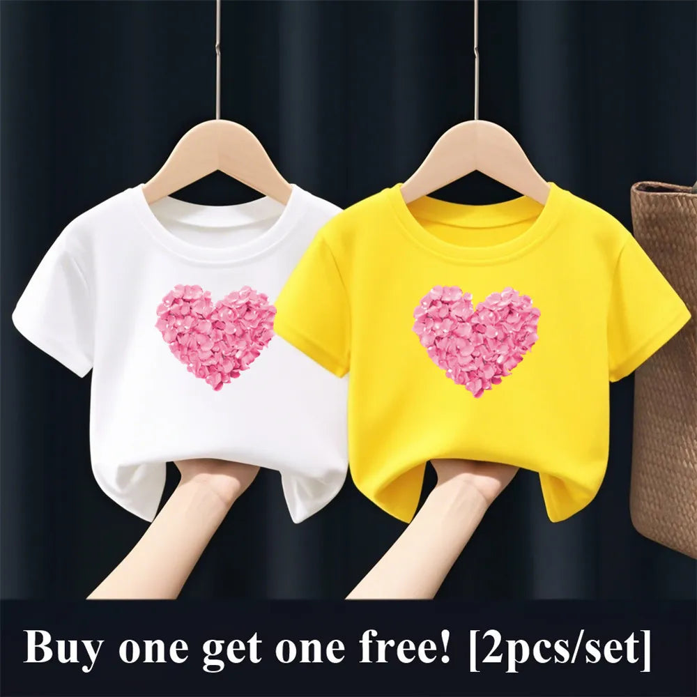 2pcs/Set Girls Fashion Summer Best Friends T Shirt Heart Flower Tees Shirt Short Sleeve Sister Matching Outfit Kids Tops